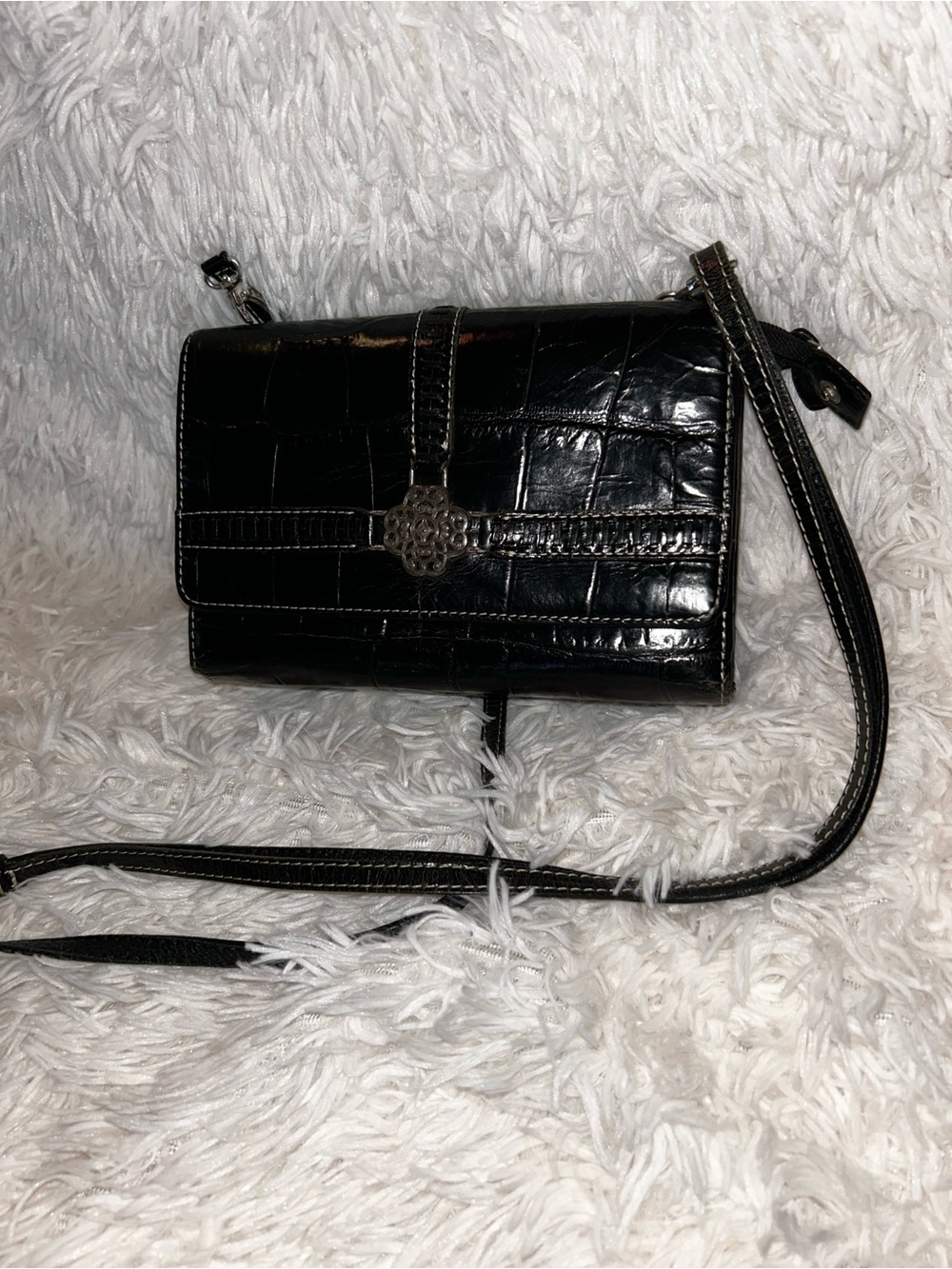 Brighton Black Croc-Embossed Crossbody with Decorative Clasp